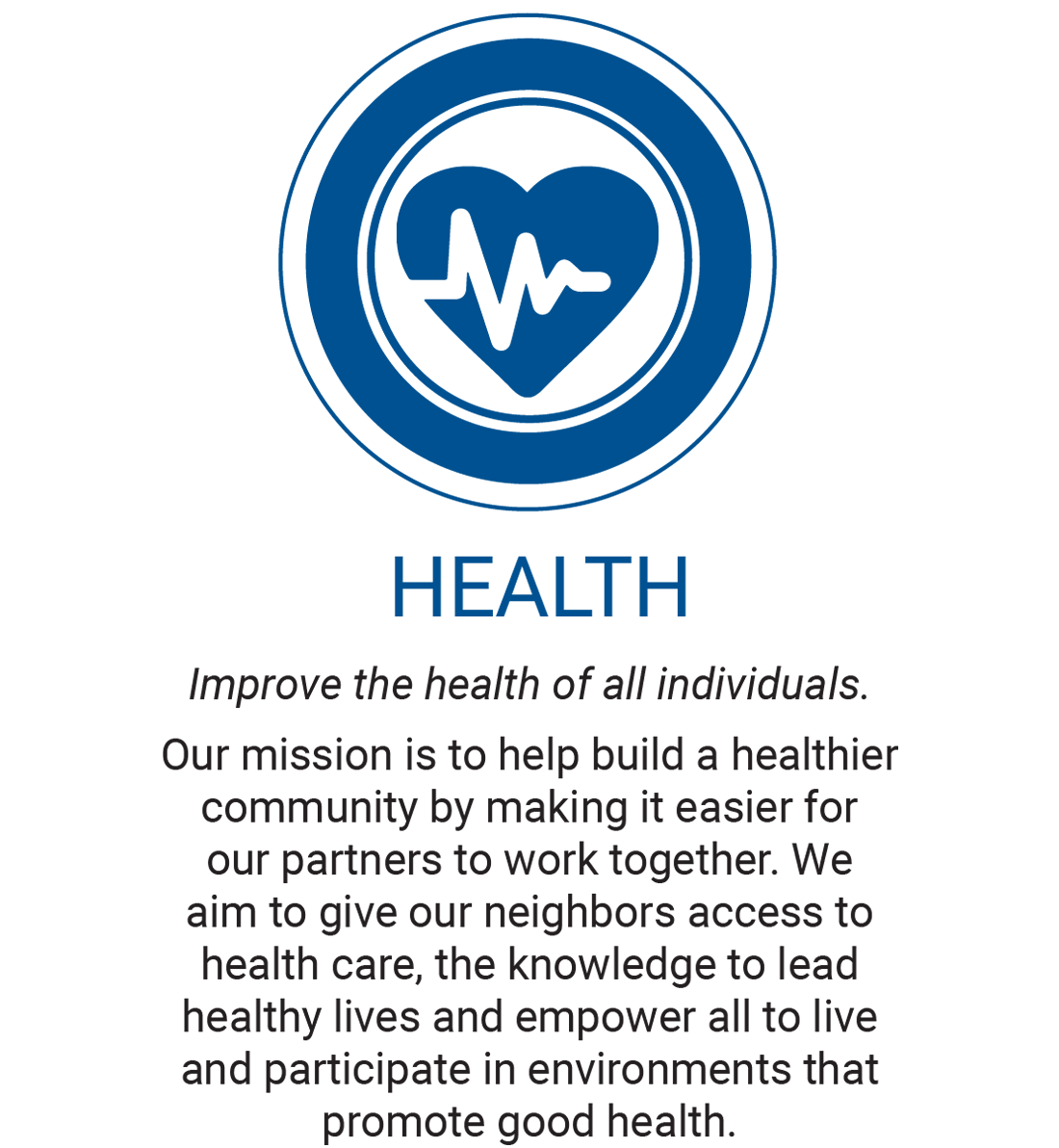 Blue heart with a heart beat to symbolize health inside of a larger blue circle. Text reads Health - Improve the health of all individuals. Our mission is to help build a healthier community by making it easier for our partners to work together. We aim to give our neighbors access to health care, the knowledge to lead healthy lives and empower all to live and participate in environments that promote good health.