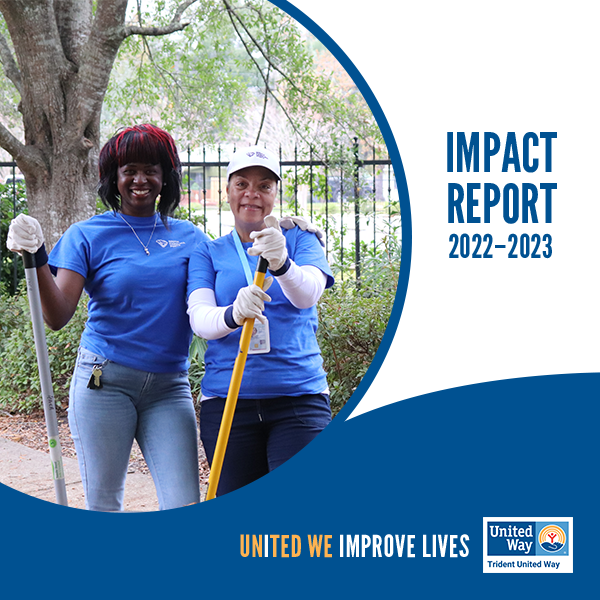 Cover of the 2022-2023 impact report. There is a photo of two women holding rakes, smiling at the camera, the outline of the photo is a blue circle
