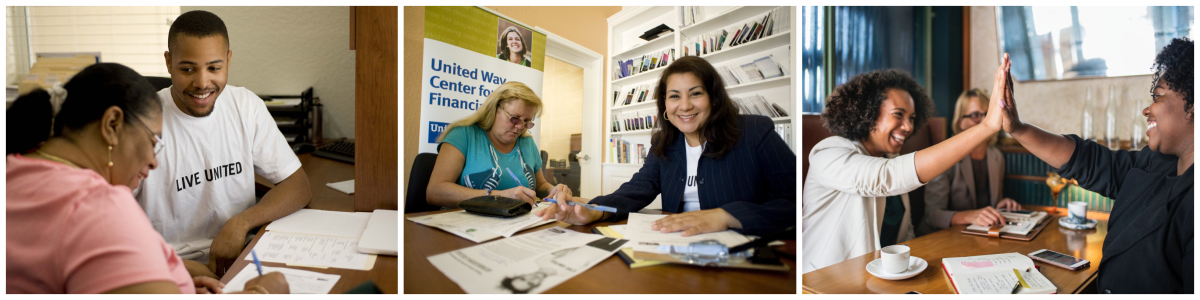 3 images of individuals receiving help with paperwork