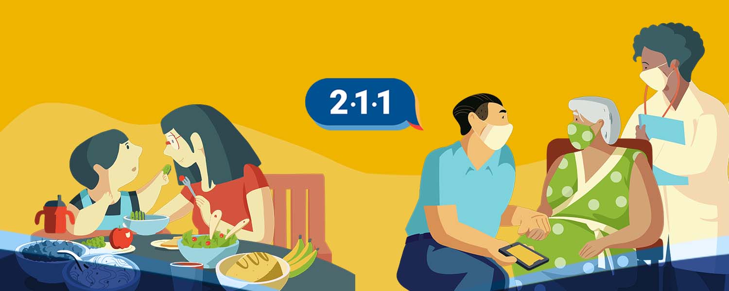 mom and son at a table eating dinner on the left side; 211 logo in the middle; right side shows the future of the son taking care of his mom with the help of a nurse.