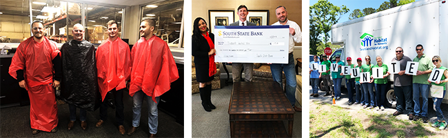 Collage of photos - Four individuals wearing ponchos before a campaign event for a coporate fundraiser, three individuals holding a large check from south state bank for a donation, several individuals standing in front of a habitat for humanity truck, each person is holding a letter and they all spell out LIVE UNITED