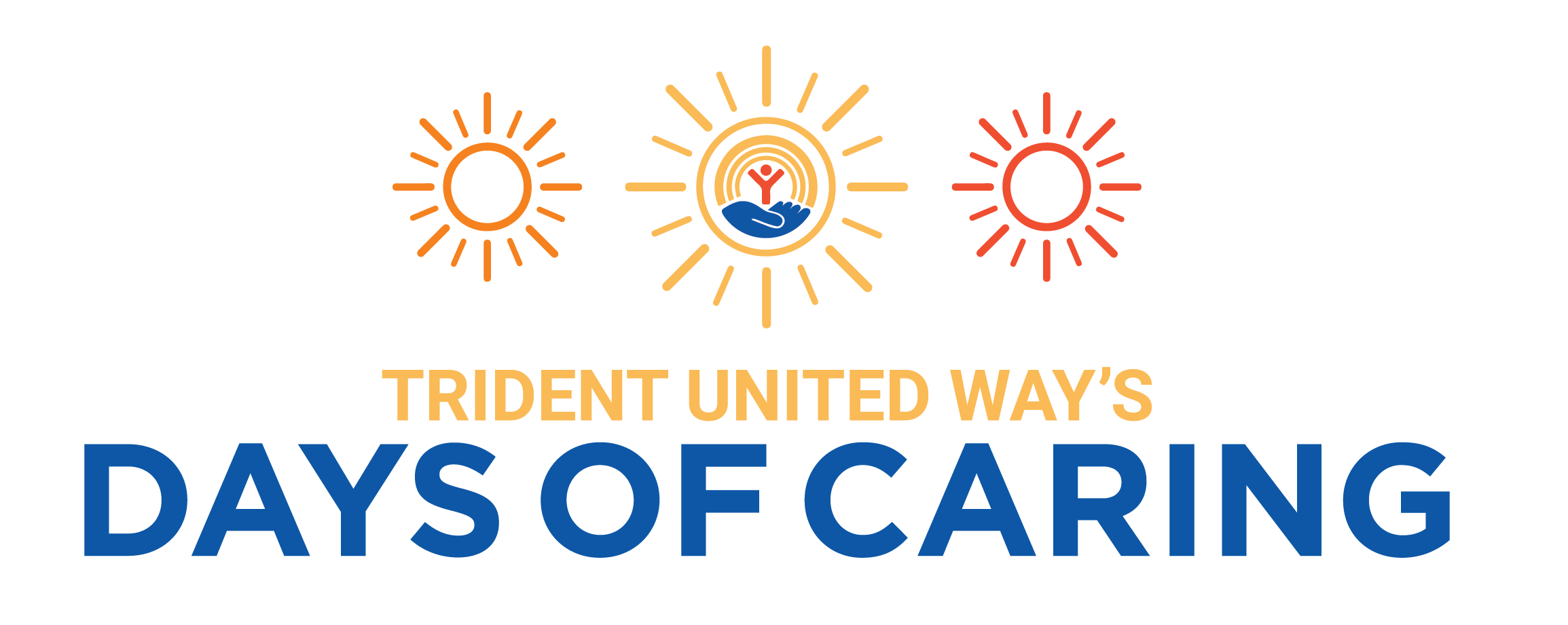 Logo with text "Trident United Way's Day of Caring", underneath three outlines of a sun in orange, yellow, and red. The middle sun contains the logo of Trident United Way.
