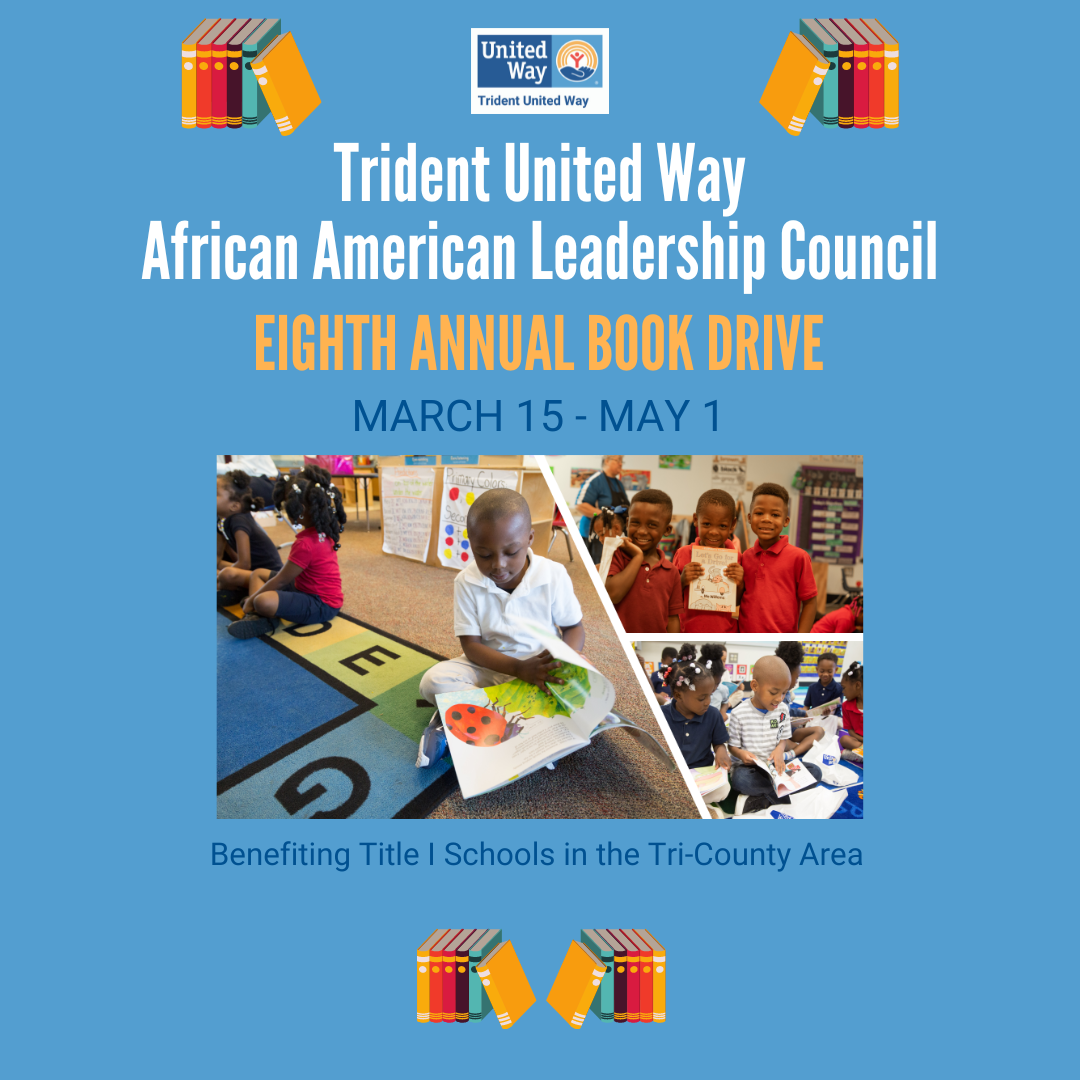 Flyer for book drive with photos of young children smiling holding books. 