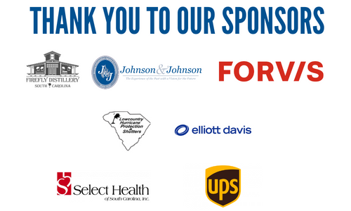 Graphic with school supply drive sponsors Firefly Distillery, Johnson and Johnson insurance, FORVIS, Lowcountry hurricane protection and shutters, elliot davis, select health of south carolina and UPS