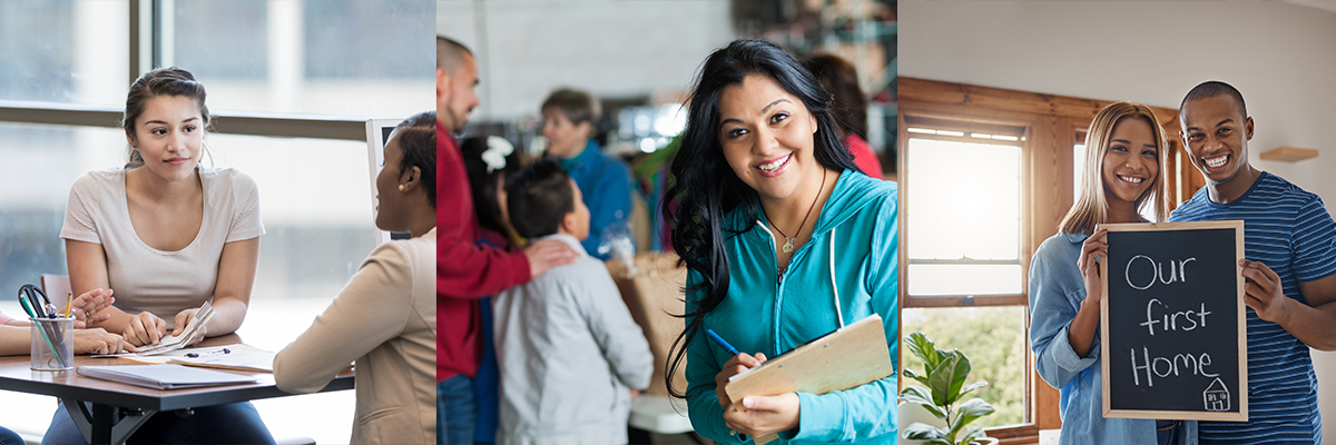 Collage of photos of people receiving assistance with financial stability - a woman at a financial office, a volunteer signing people in at a foodbank and a couple holding a sign that says our first home