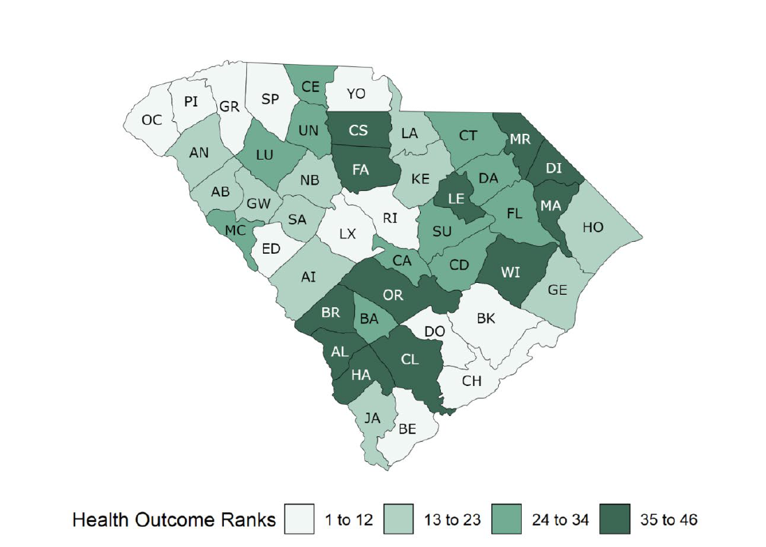 Graphic of the state of South Carolina with all counties outlined. There are various shades of green on the counties that show how they ranked for health outcome ranks