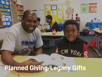Photo of a man wearing a days of caring shirt reading a book to a student with the words planned giving/legacy gifts written on the bottom of the photo