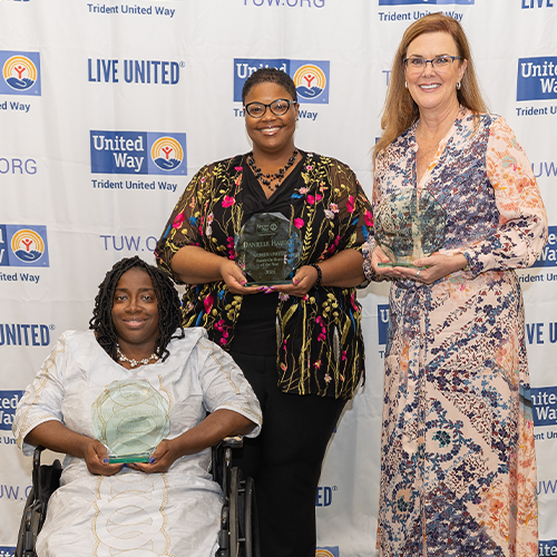 Photo of the Women United Award Winners holding awards received. From left, Theresa Prioleau, Danielle Hardy, Stephanie Kelley
