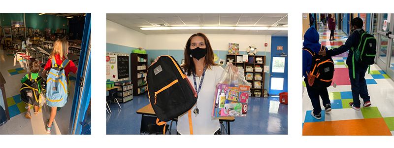 students and teachers with backpacks