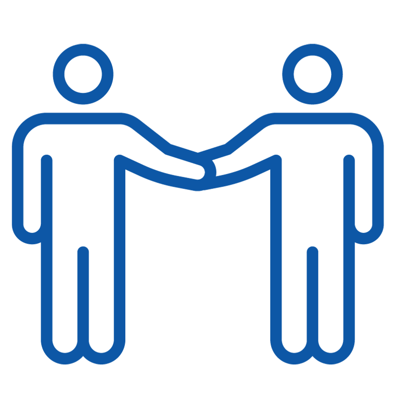 Icon graphic of two individuals reaching out to touch hands together