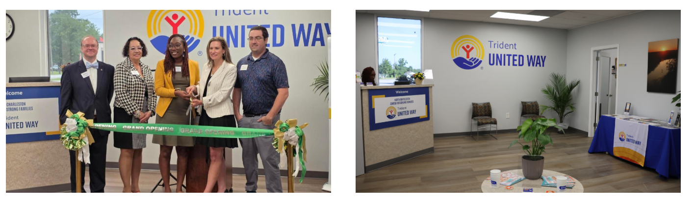Two photos show a group of employees and TUW board members standing in front of the ribbon for the grand opening. The next photo shows the lobby,