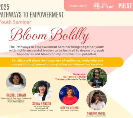 Graphic for the 2025 Pathways to Empowerment Youth Seminar Bloom Boldly, with description of event and names of speakers