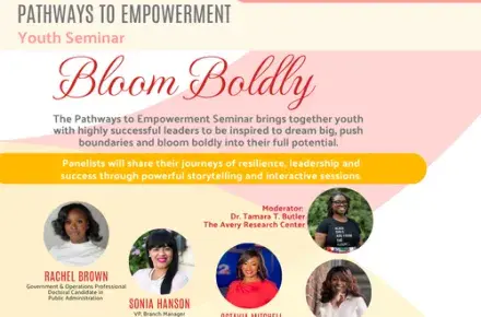 Graphic for the 2025 Pathways to Empowerment Youth Seminar Bloom Boldly, with description of event and names of speakers
