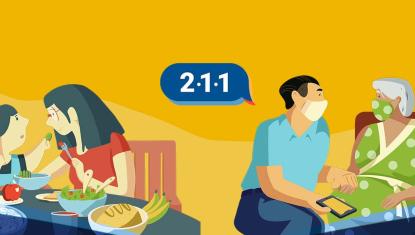 mom and son at a table eating dinner on the left side; 211 logo in middle; right side shows the future of the son taking care of his mom with the help of a nurse. 
