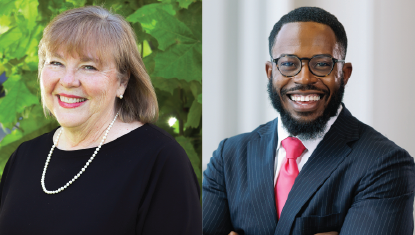 Two headshots side-by-side of award winner Cathy Easley and Mike Sam.