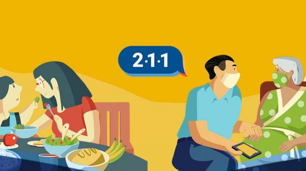 mom and son at a table eating dinner on the left side; 211 logo in middle; right side shows the future of the son taking care of his mom with the help of a nurse. 