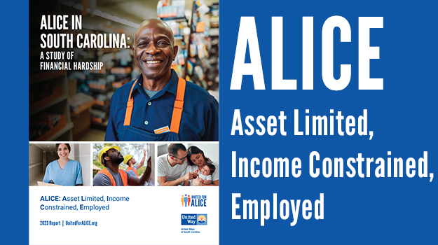 Cover of the ALICE report, reads ALICE in South Carolina: A Study of Financial Hardship, 2023 Report. Also explination of ALICE: Asset Limited, Income Constrained, Employed