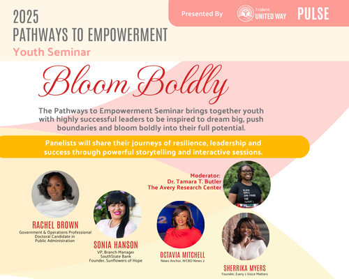Graphic for the 2025 Pathways to Empowerment Youth Seminar Bloom Boldly, with description of event and names of speakers