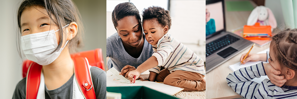 Collage of photos - one student wearing a mask, a mother and son reading through a book and a student watching a virtual class