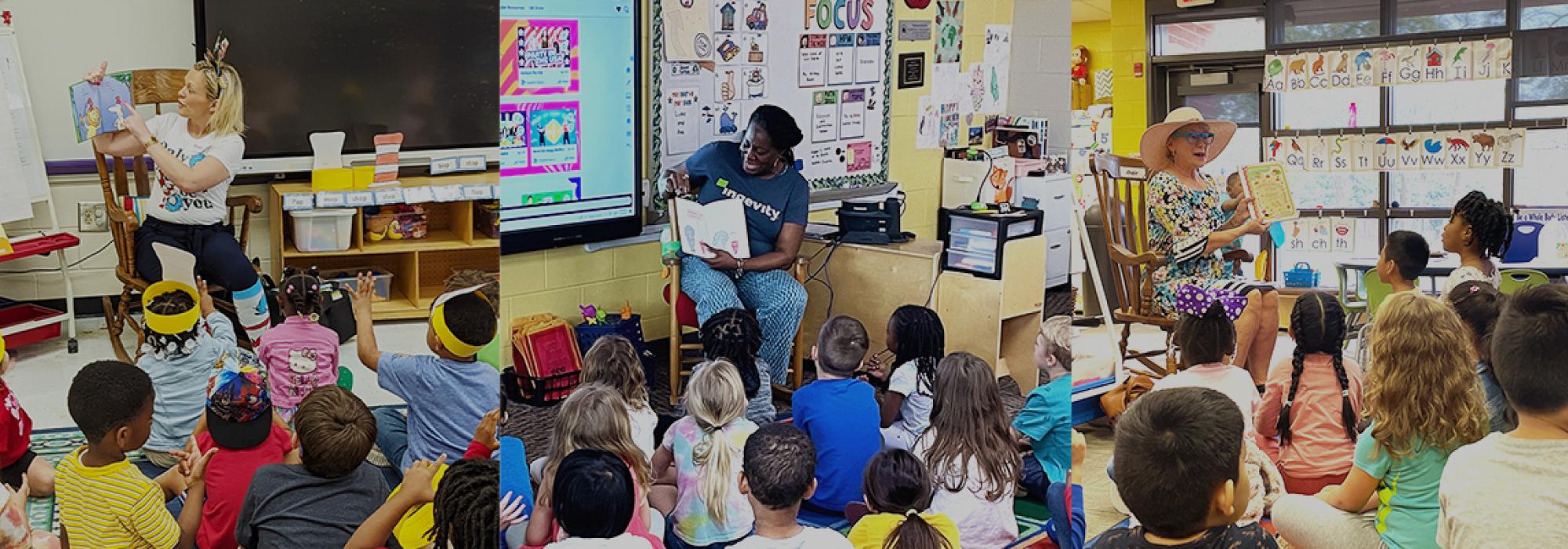 A photo collage of three volunteers in three different classrooms reading to engaged children