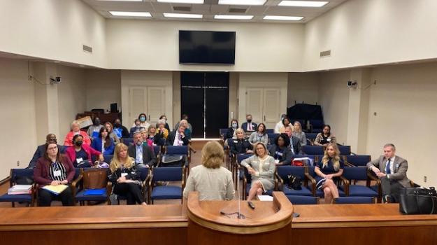 UWASC meets with legislature in a room at the state house, the group sits lecture hall style